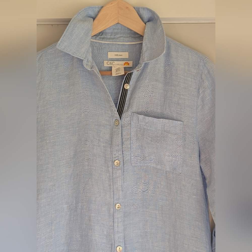 C&C CALIFORNIA Blue Linen Roll Tab Sleeve Contrast Inner Line Shirt Dress Sz XS - Picture 9 of 11